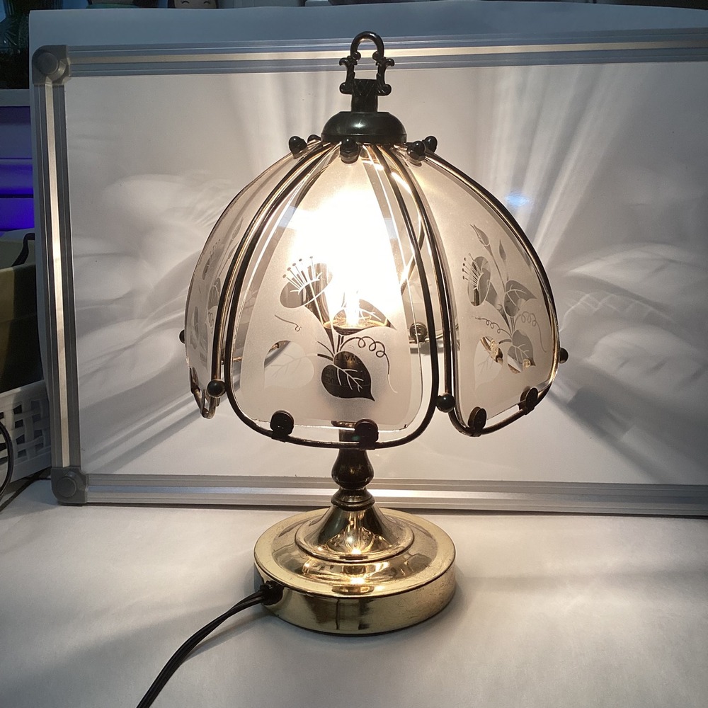 Vintage Brass Lamp Smoked Etched Glass Floral Dome Table Light 11"